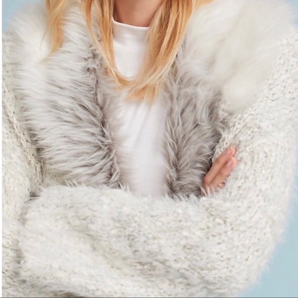 Anthropologie Sleeping On Snow Venla Fluffy Faux Fur Cardigan Cream Silver Med - Picture 4 of 15